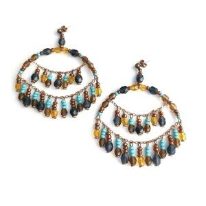Vintage Czech beaded shoulder duster chandelier earrings turquoise brown